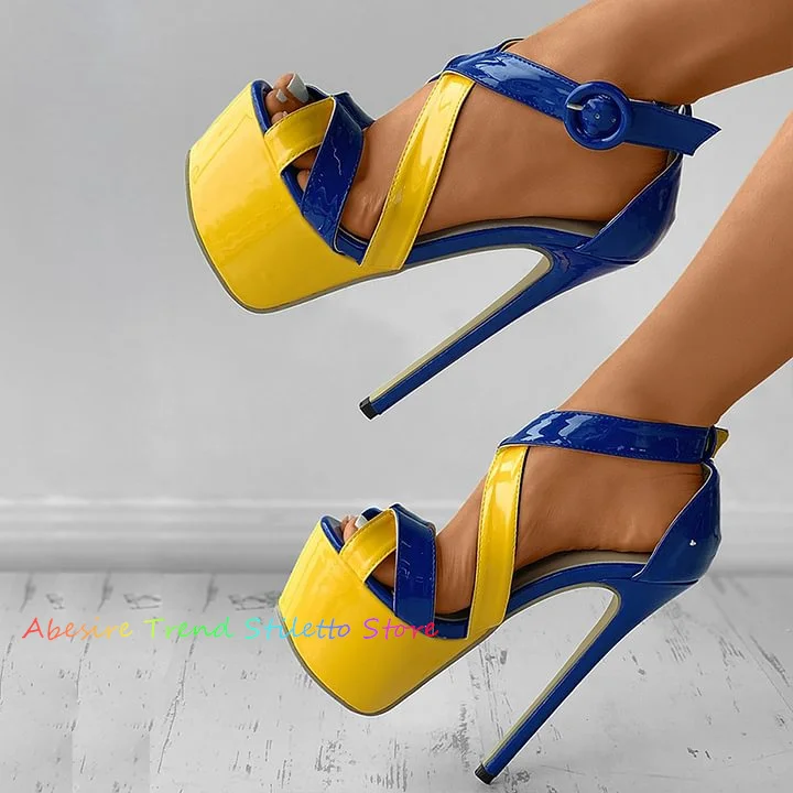 

Platform Shoes Summer Sandalias Fashion PU Cross-Tied 16CM Thin Heels Party Buckle Strap Peep Toe Big Size Sewing Shoes