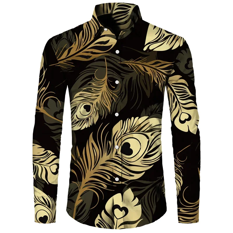 Fashion Golden Flower Chain 3D Print Men Long Sleeve Shirt Casual Mens Luxury Designer Clothing Streetwear Lapel Button Shirts