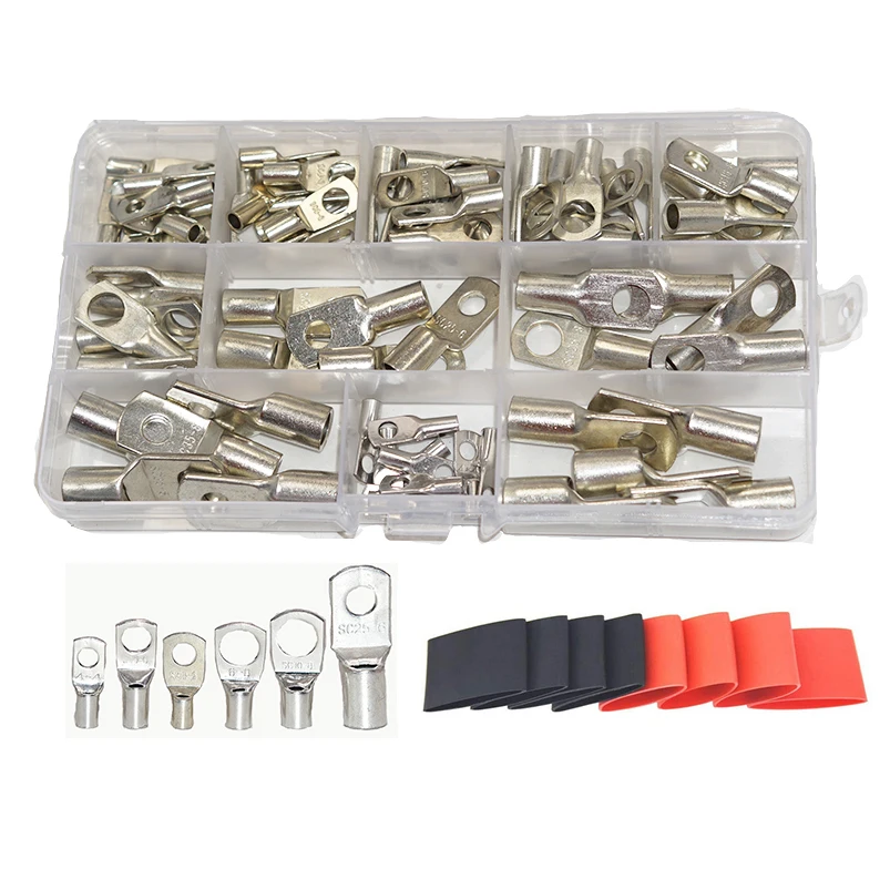 Ring Connectors Terminals 12 Gauge to 2 AWG Crimp Ring End Terminal Wire Lugs Battery Cable Ends 55/70 Pcs Tinned Copper  Kit