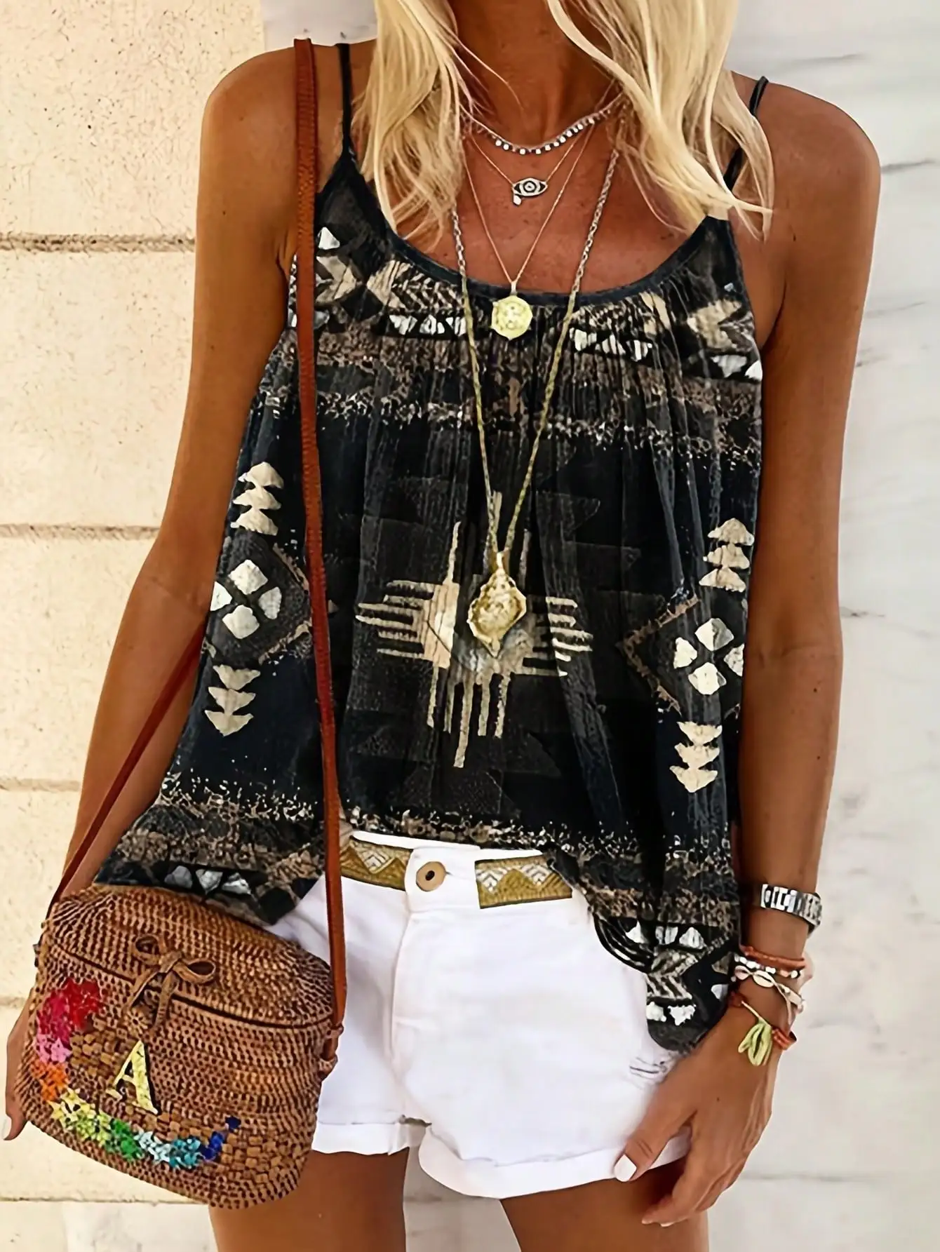 Womens Boho Print Spaghetti Strap Cami Top Loose Fit Summer Casual Tank Black And Gold Tribal Pattern