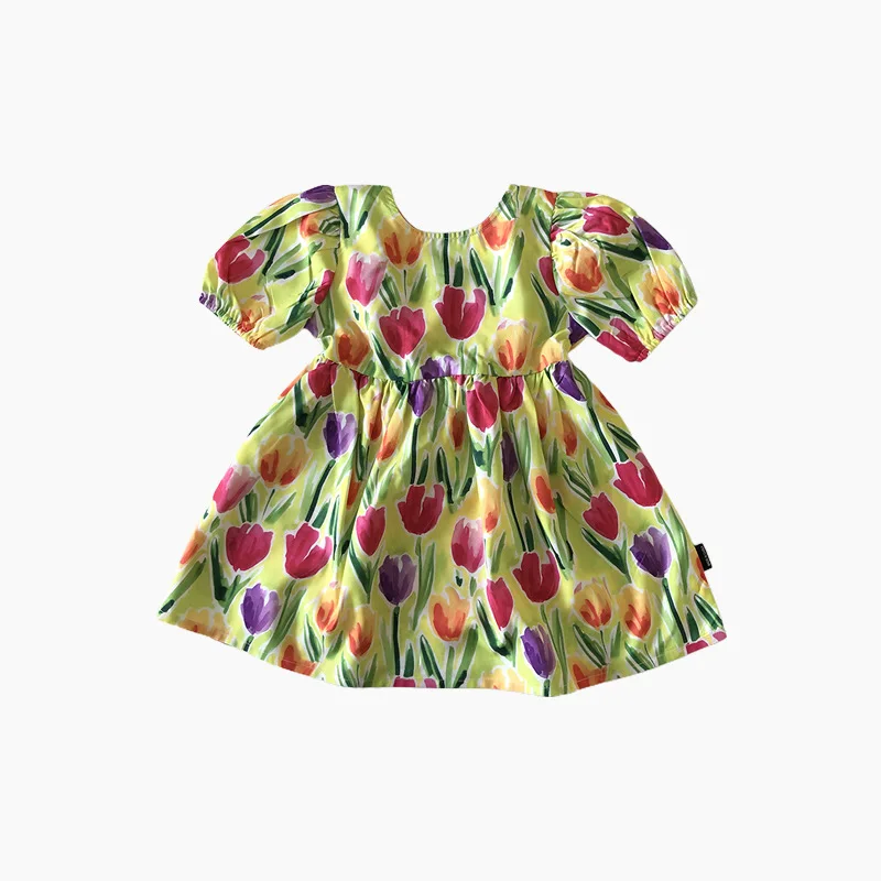 2023 Spring Summer New Girls' Floral Dress Cute Bubble Sleeve Cotton Outfits Clothes Korean Style Kids Girl Princess Dresses