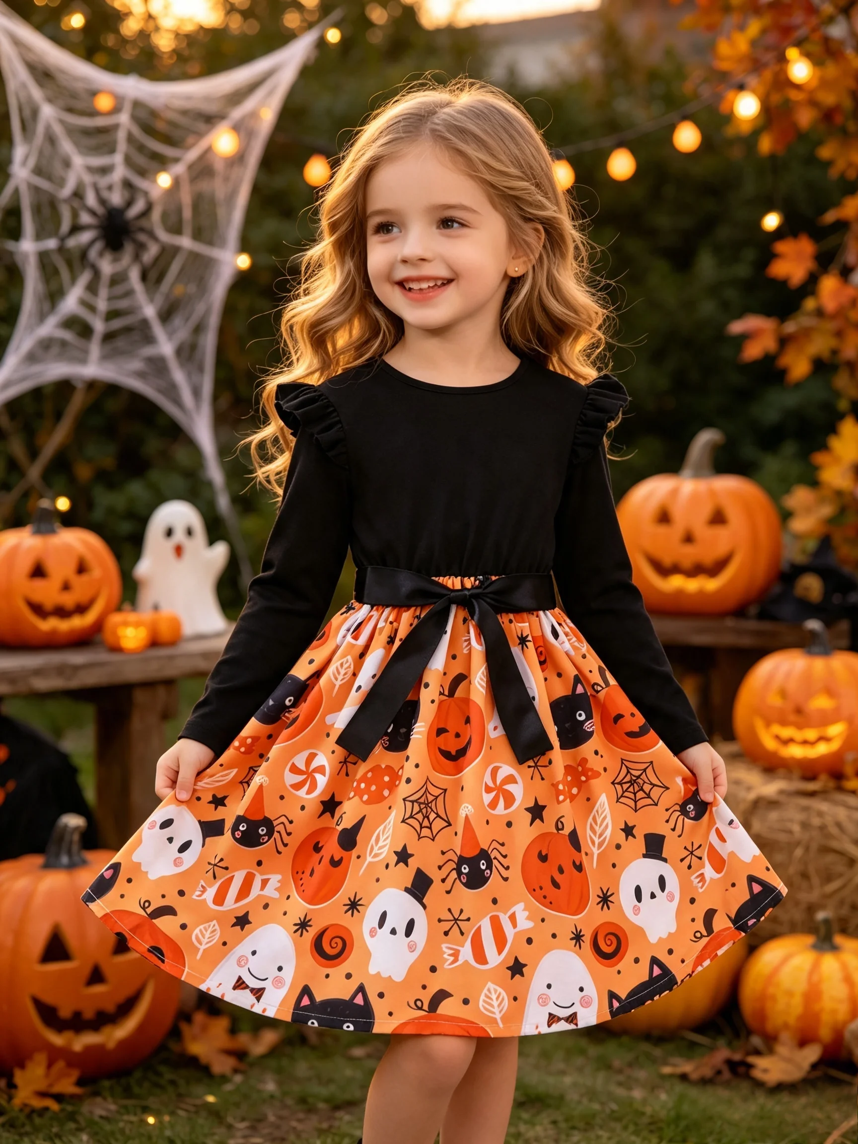 Girls' Clothing, Girl's Dress, Halloween Dress, Knitted Long-Sleeved Round Neck, Pumpkin Print Dress, Party, Gift