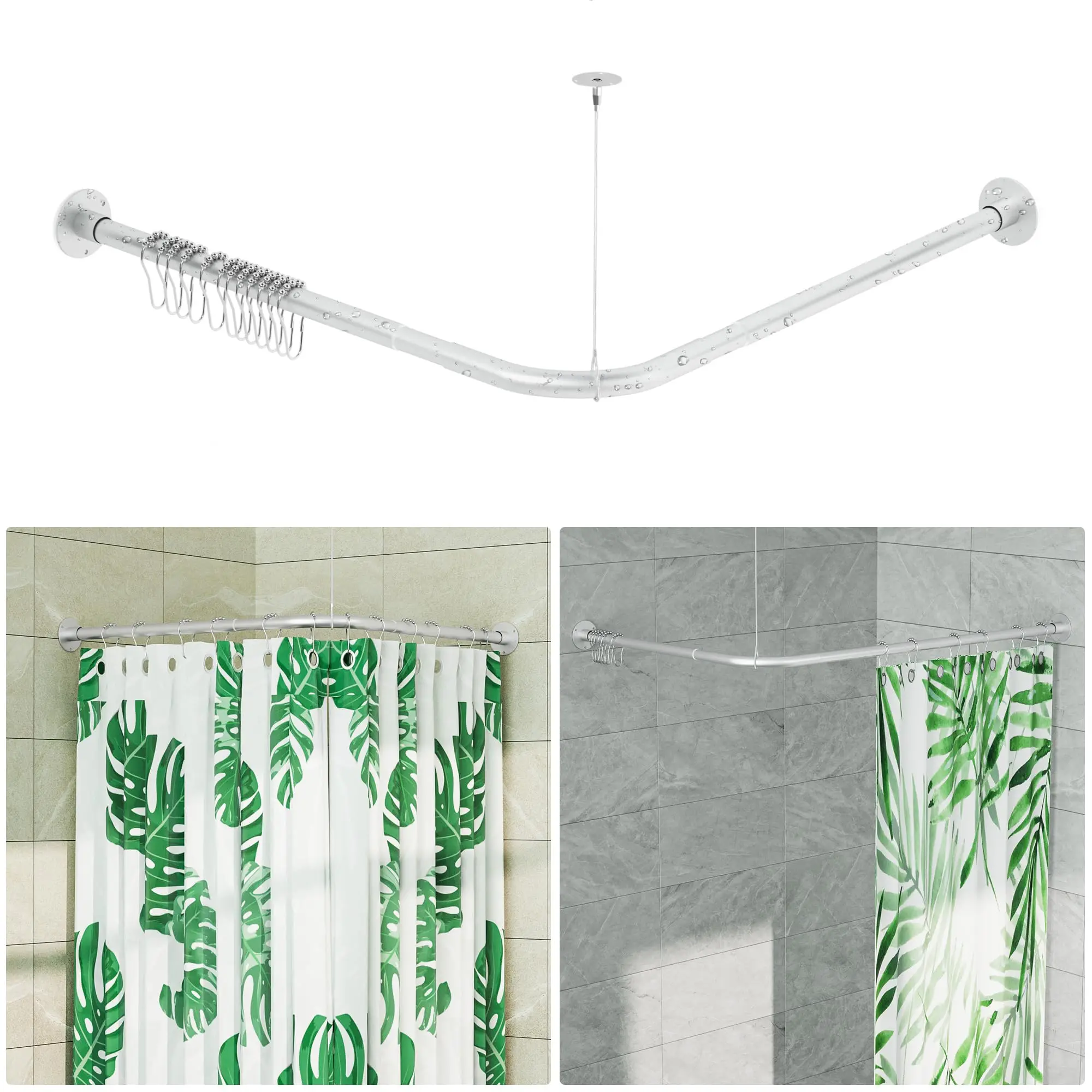 

L Shaped Adjustable Corner Shower Curtain Rod 90 Degree For Bathroom Bathtub Ceiling Support
