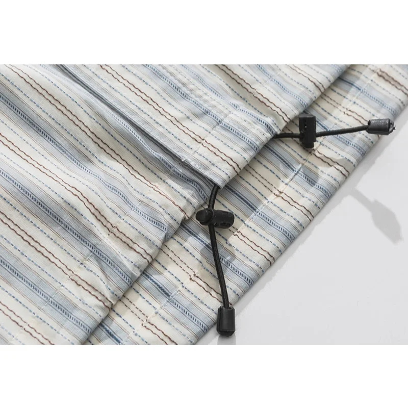 Men\'s Summer Japanese Korean Streetwear Fashion Drawstring Stripe Short Sleeve Loose Casual Cargo Shirts Blouses for Men