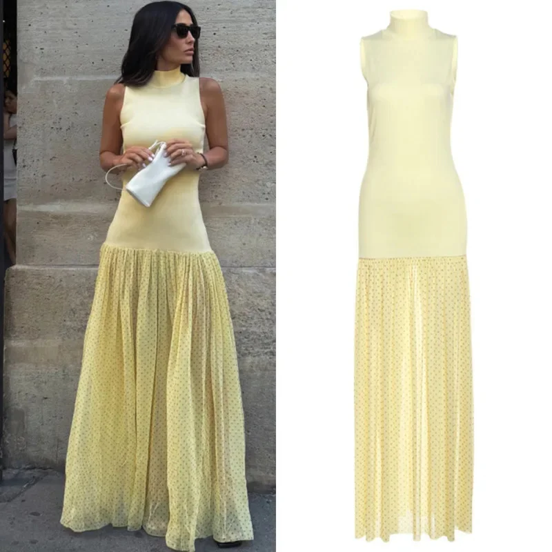 

Polka Dot Midi Dresses Women Summer Bohemian Eur American Sleeveless High Neck Temperament Fitting Spliced Commute Long Skirt