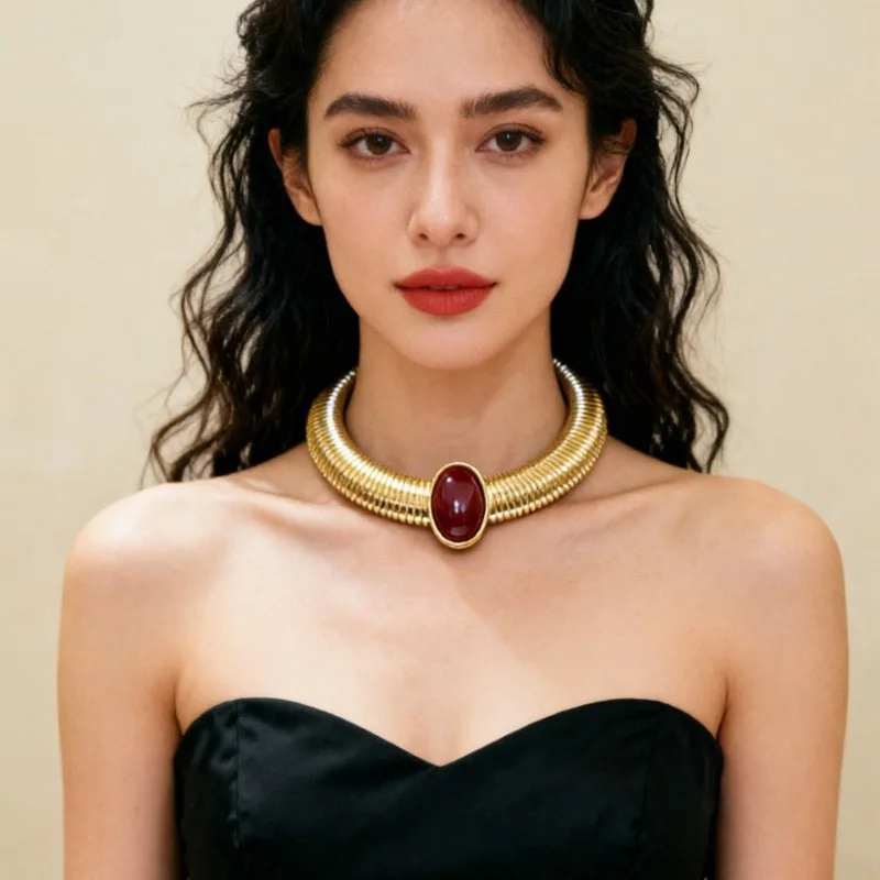 

Trendy Gold Snake Chain Choker Necklace Big Red Stone Chunky Collar Necklace for Women Fashion Jewelry