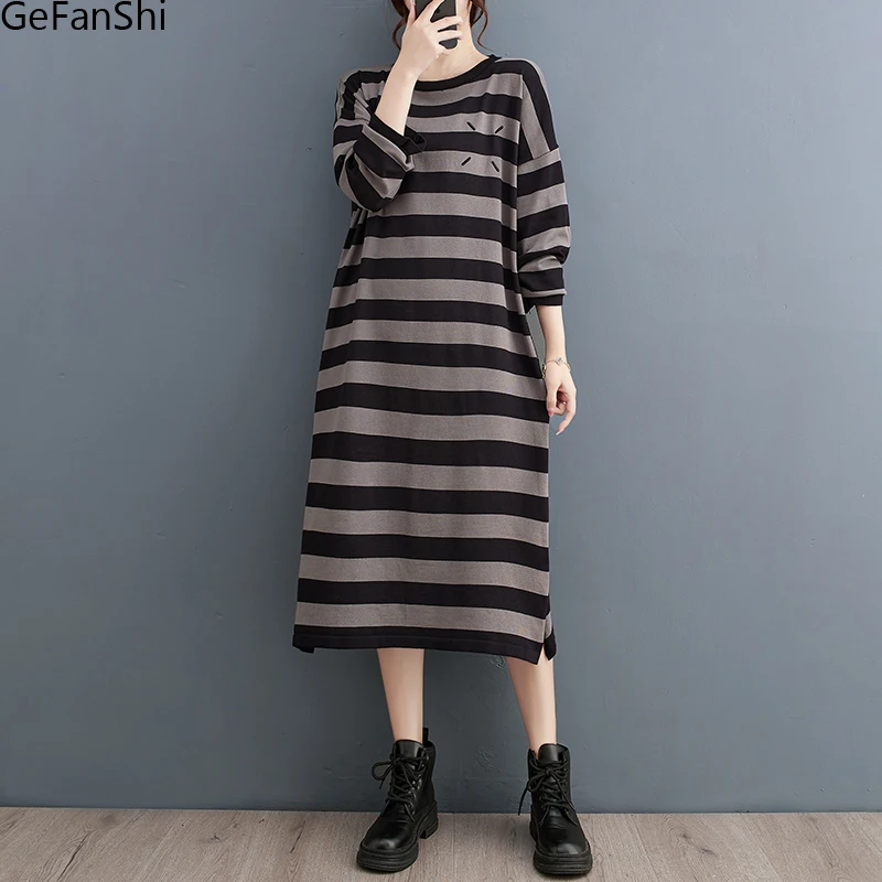 

Autumn Winter Knitting Striped Sweater Dresses Women Long Sleeve Fashion Casual Dress Elegant Ladies Clothes Vestidos Robe Femme