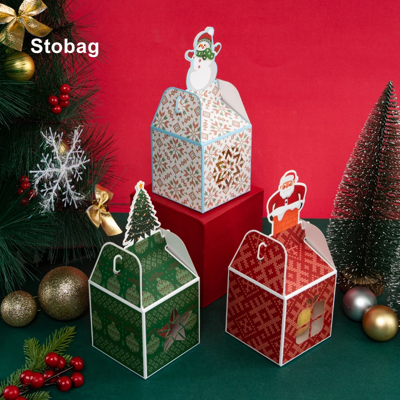 

StoBag Marry Christmas Gift Apple Box Candy Packaging House Santa Claus Kids Holiday Happy Year Party Favors 12Pcs Lot New