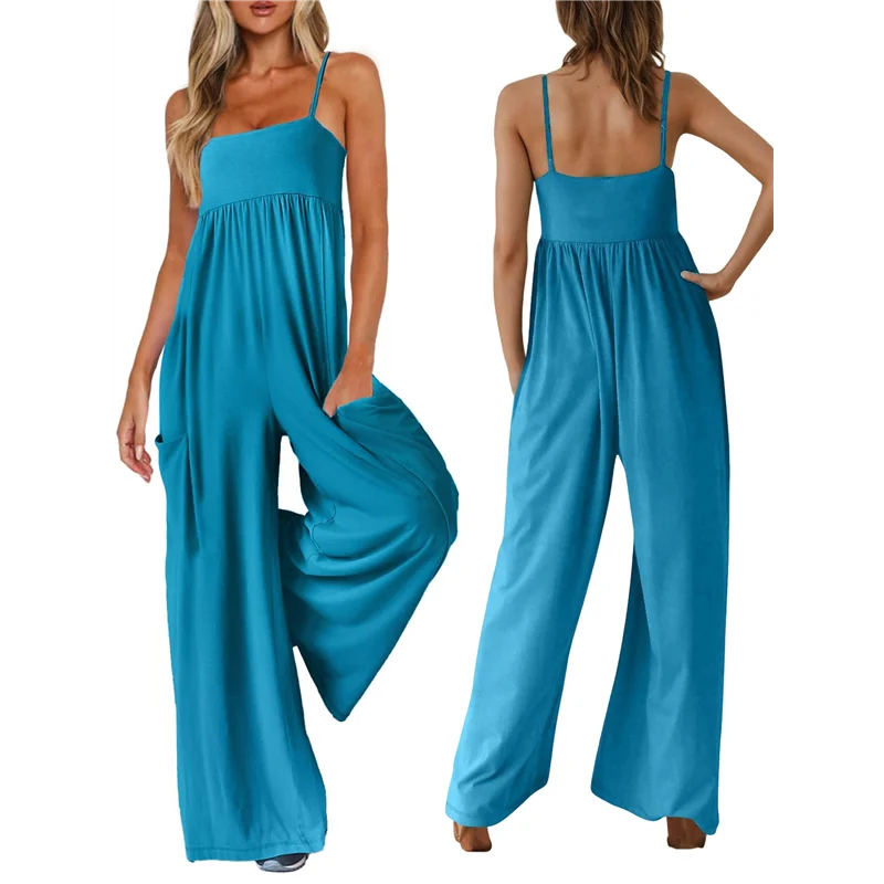 CYL-جمبسوت للنساء بحزام سباغيتي واسع الساق وزرة صيفية مع جيوب