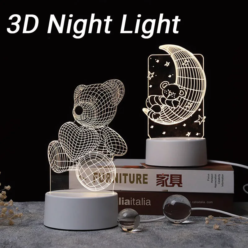 3D Night Light Acrylic Colorful Remote Control Desk Lamp LED Light Base USB Charging Bedroom Atmosphere Lamps Decorate Room