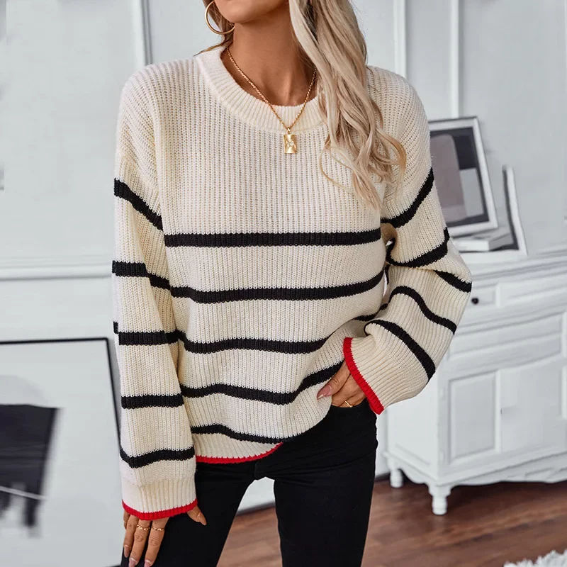 Women Sweaters Long Sleeve Round Neck Knitted Pullovers Striped Jumpers High Street Loose Casual Patchwork Autumn 2024