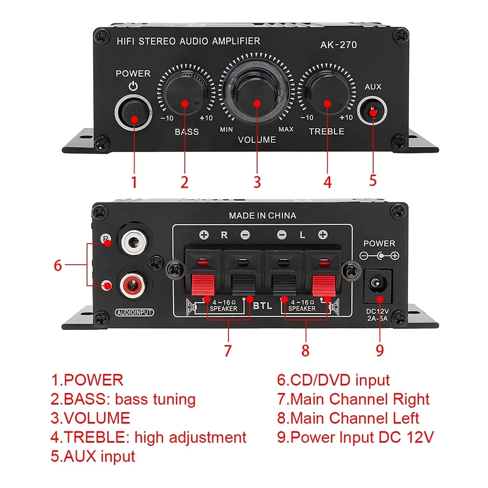 Amplificador de poder audio do karaoke, cinema em casa, 2 canais, classe D, USB, SD, entrada AUXILIAR