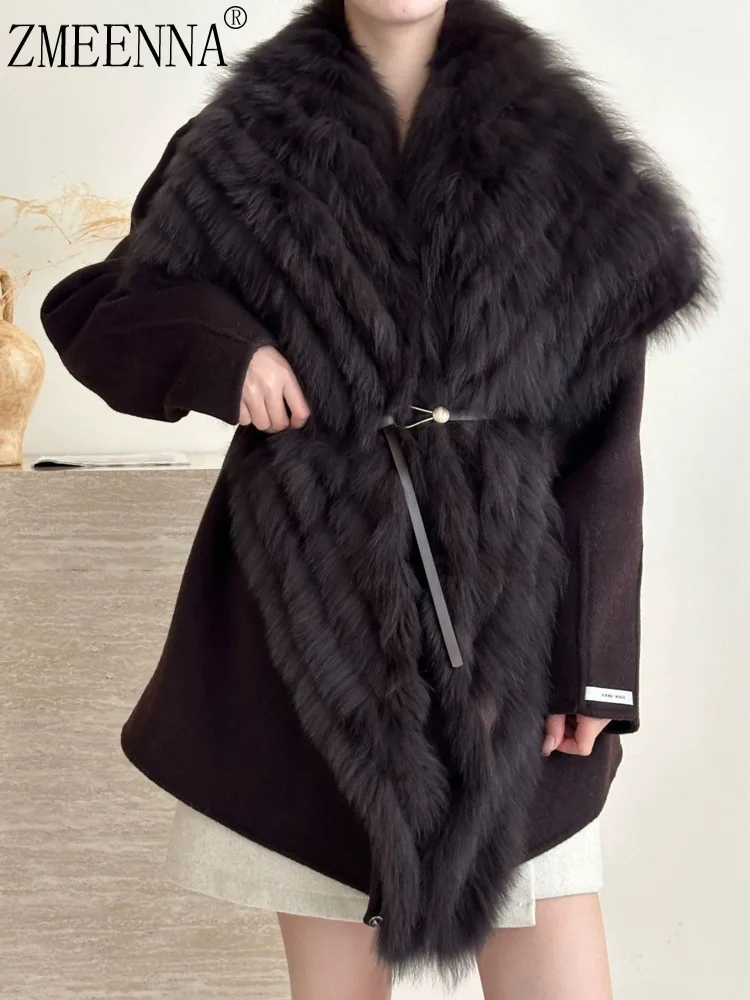 ZMEENNA Womens Luxurious Wool Blend Coat With Oversized Fur Collar Trim Warm Winter Outwear Short Elegant Jacket Brown ZM4540
