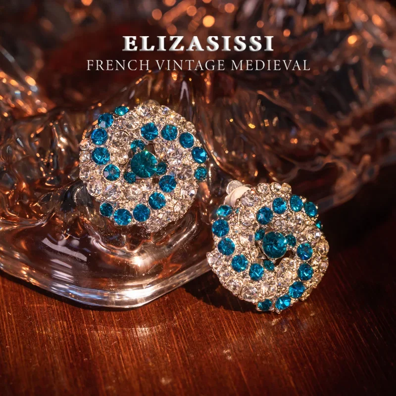 

Fashion medieval vintage full of diamonds flower retro blue diamond court French blue light luxury, temperament earrings