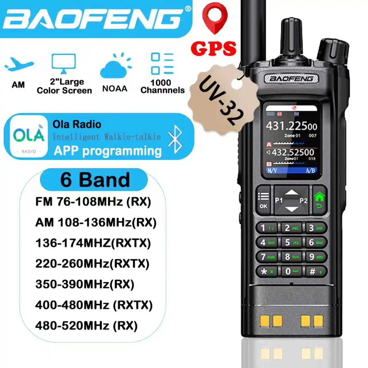 BAOFENG UV-32 10W Dual Band Walkie Talkie Long Range GPS NOAA APP Write Frequency 2500mAh Type-C  Black