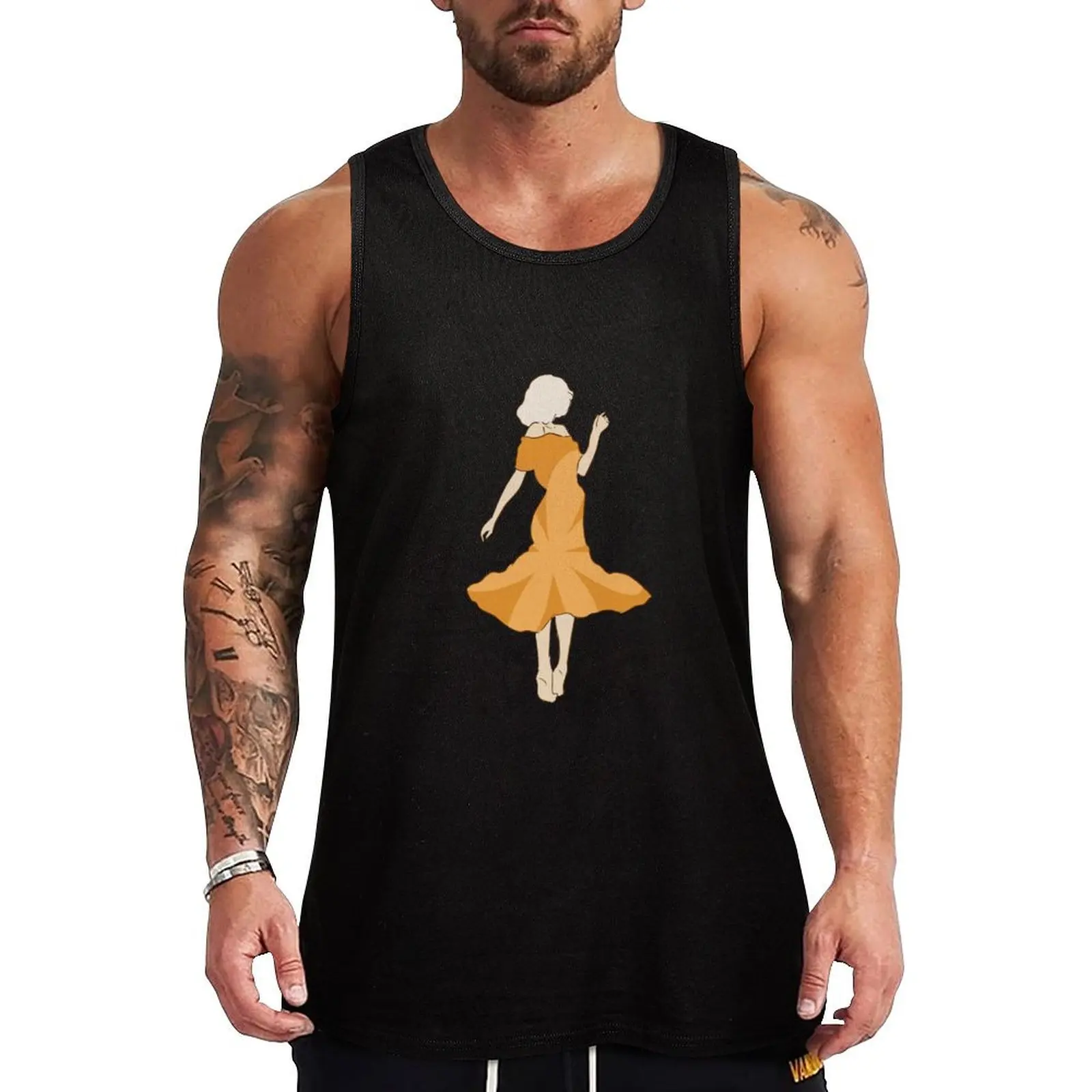 Dancing Girl in a Yellow Flower Dress Tank Top Running Tank Top Sleeveless Moisture Wicking Shirt