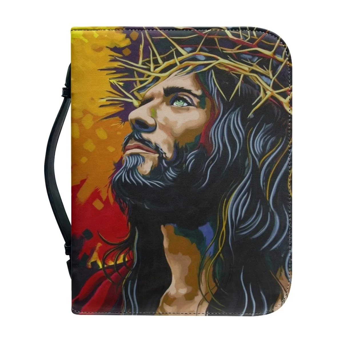 Jesus Pattern Print Bible Cover Case Leather Bible Bag for Women Zipper Handle Handbags Christian Practical Bible Storage Bags