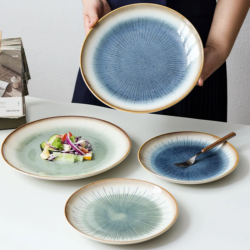 8/11Inch Creative Ray Design Retro Serving Plate Ceramic Home Beef Salad Kiln Modified Glazed Vegetable Tray Kitchen Utensils