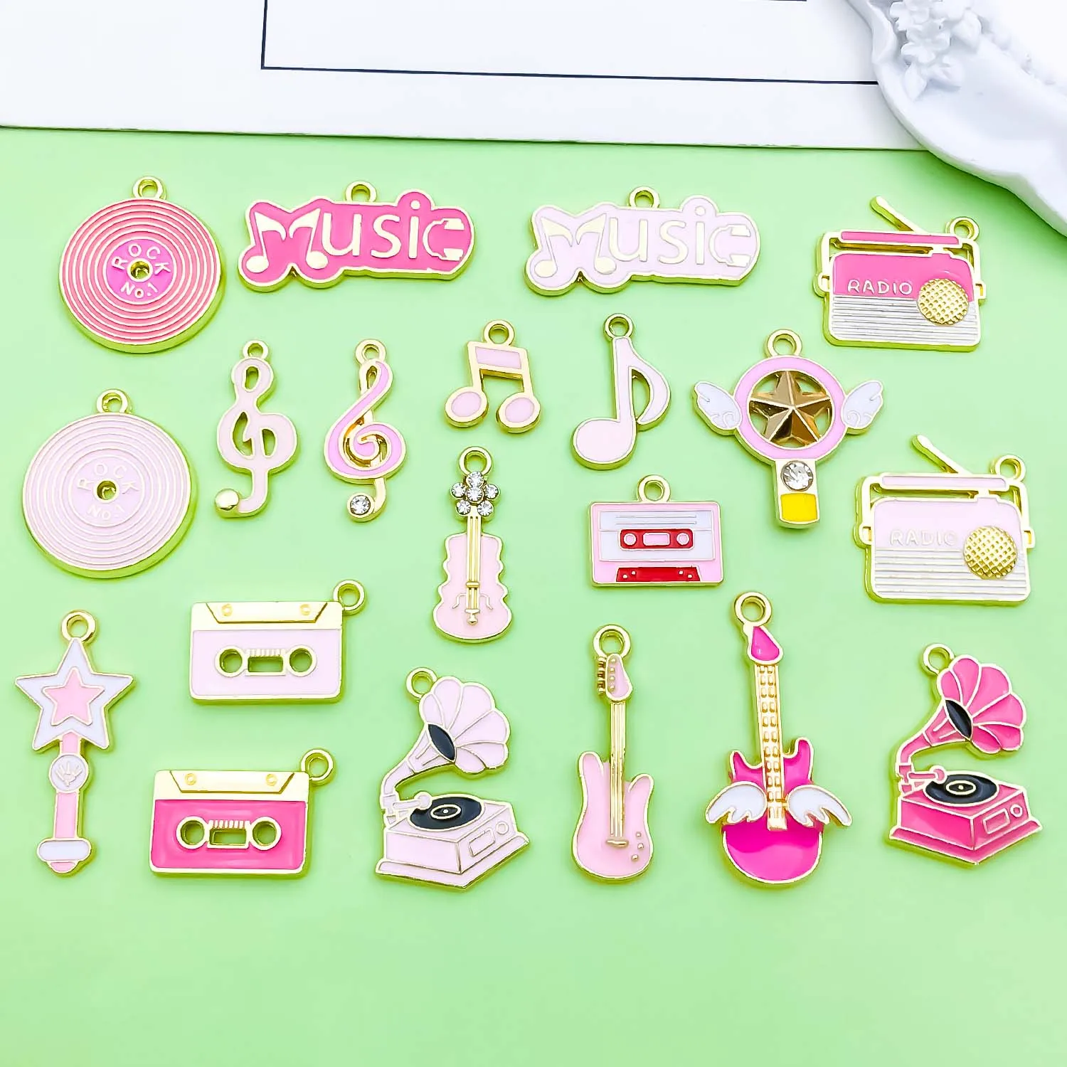 5/20pcs Pink Enamel Musical Instrument Charms Alloy Musical Notes, Records, Phonograph Pendants for DIY Jewelry Making Accessory