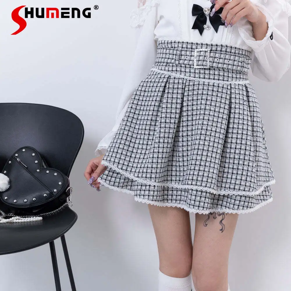 Autumn Winter Japanese Kawaii Short Plaid Skirt Woman Preppy Style Sweet Double Layer A- Line Slim Waist Pleated Skirt Student