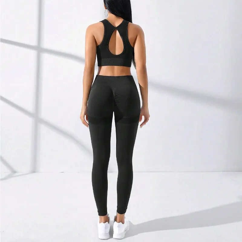 TUNIControl-Ensemble de yoga basique sans couture, haut de gamme, caraco à dos entrecroisé, leggings de yoga, survêtement de gym, 2 pièces