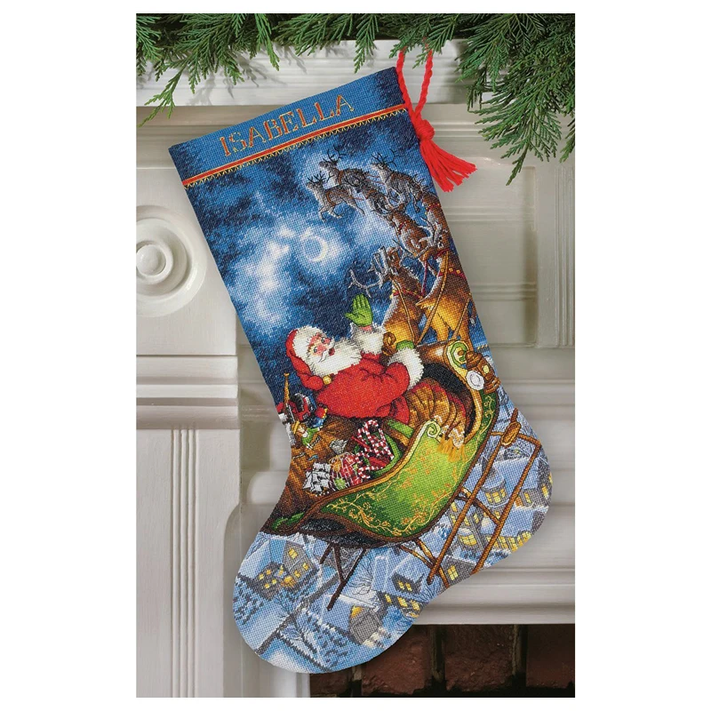 Dim 08666 Winter Twilight Stocking Counted Cross Stitch Kit Christmas Skiing Sled, Enchanted Ornament, Santa\'s Snow Globe, DIY