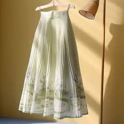 Spring Summer All-match Printing High Waist Skirts Ladies Fashion Office Lady Pleated A-line Skirt Women Natural Scenery Skirt