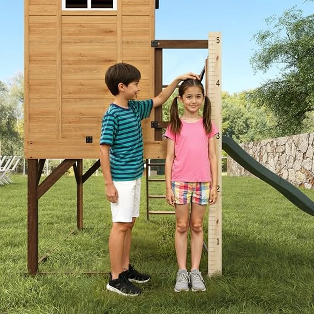 Elevated Outdoor Kids Playhouse with Wave Slide Wood Tone
