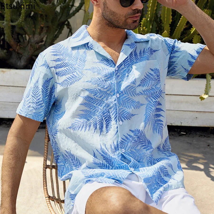 Camisas soltas de manga curta estampado em folha masculino, roupas de férias masculinas, Tops, moda praia, verão, novo, 2024