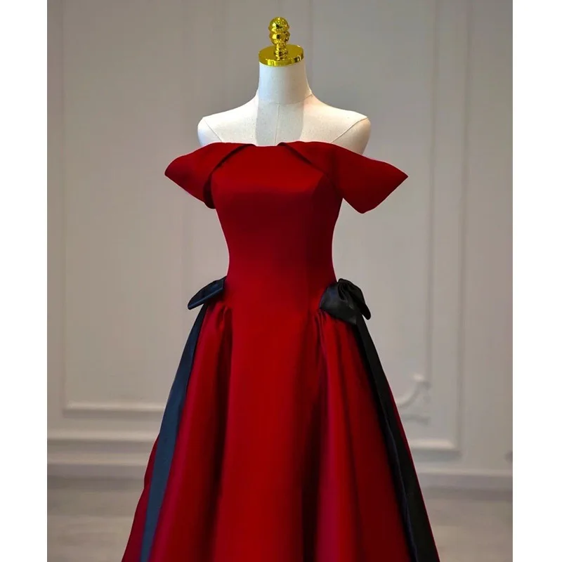 Evening Dresses Burgundy Satin Bow Boat Neck Lace Up Short Sleeves Pleat Floor-Length A-Line Party Formal Gown