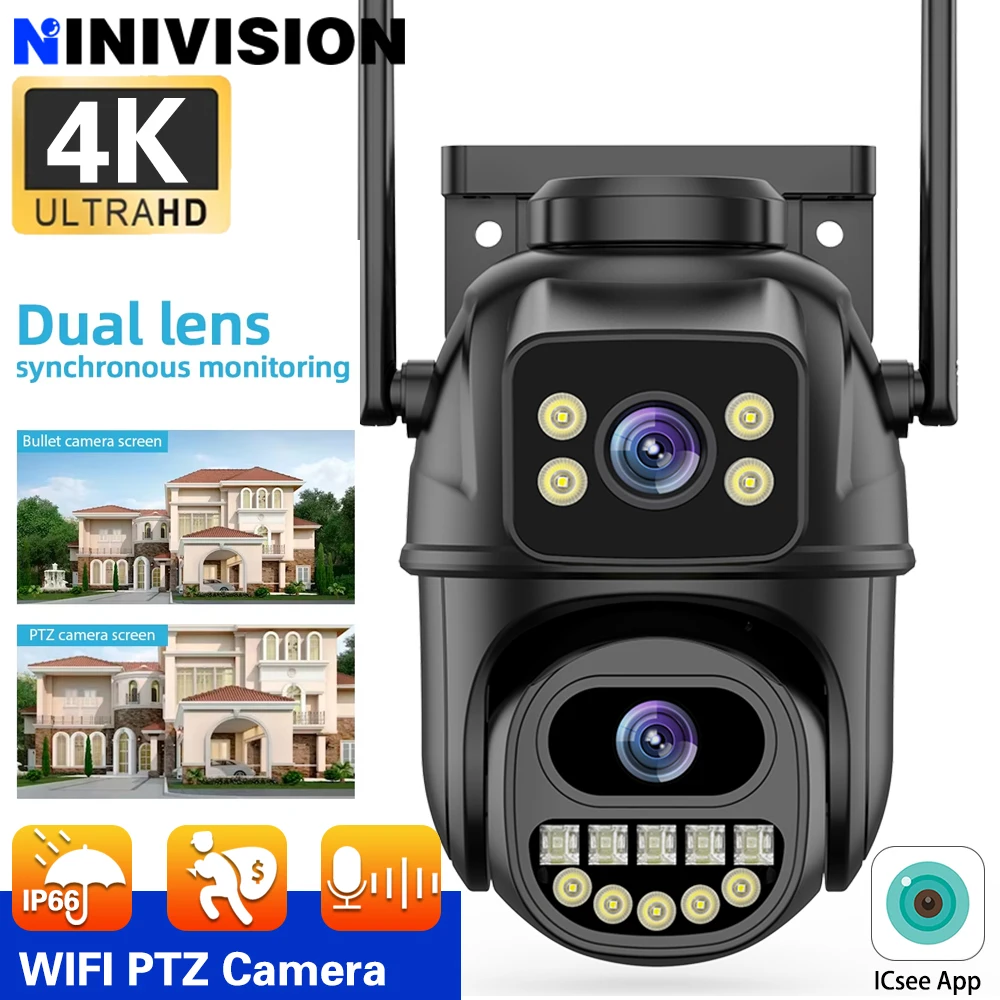 

8MP 4K ICSee Dual Lens Outdoor CCTV Full HD PTZ IP Color Night Vision Network Smart Wireless WiFi Home Security Xmeye Camera