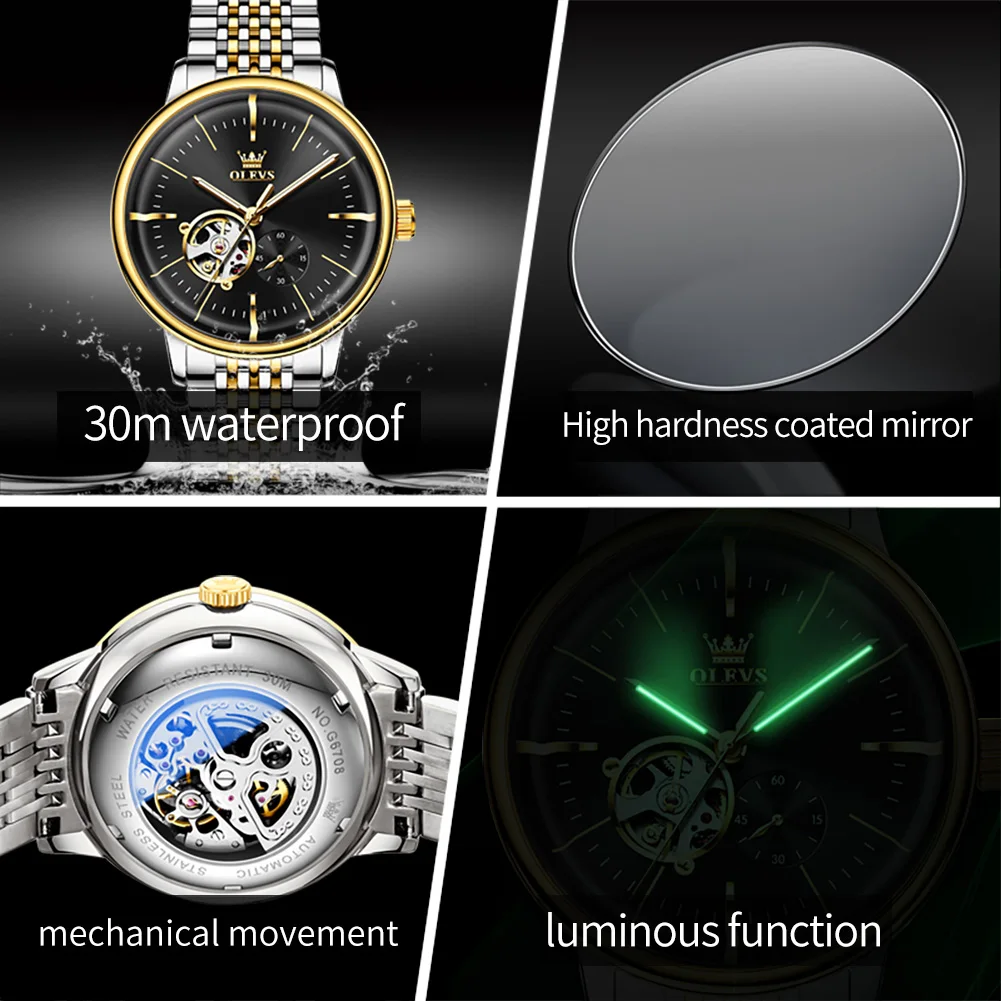 OLEVS 6708 남성용 시계 오리지널 아치형 글라스 속이 빈 기계식 남성용 시계 방수 미니멀리스트 럭셔리 오토매틱 시계