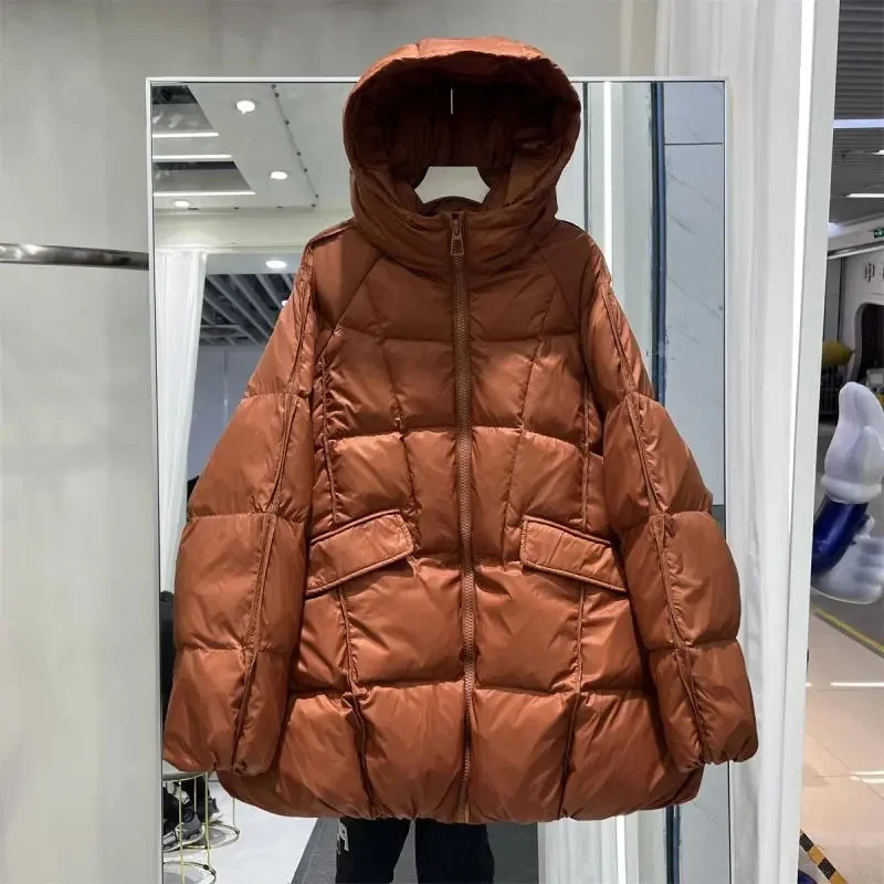 Women Down Jacket Casual Loose Over Size Autumn Winter Outwear White Duck Down Warm Thick Coat with Hood 2026 New