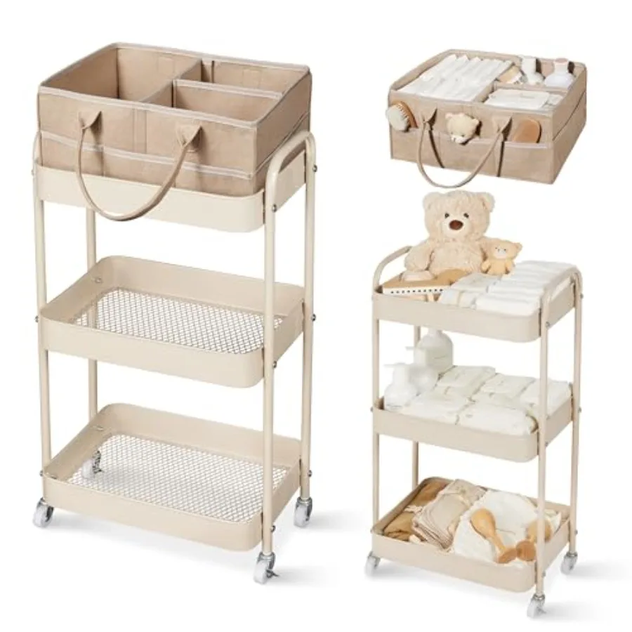 

Baby Diaper Caddy, 3 Tier Rolling Storage Cart for Baby Essentials, Diaper Cart with Detachable Dividers, Storage and Baby Bott