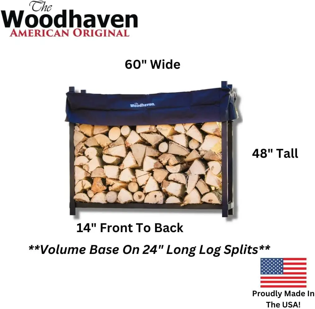 Indoor/Outdoor Metal Black Firewood Storage Rack with Seasoning Cover, Made in USA, Heavy Duty