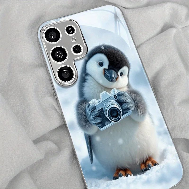 New electrically plated glass phone case with penguin pattern, suitable for Samsung S26/S25, S24/S23/S22/S21/S20, etc. models
