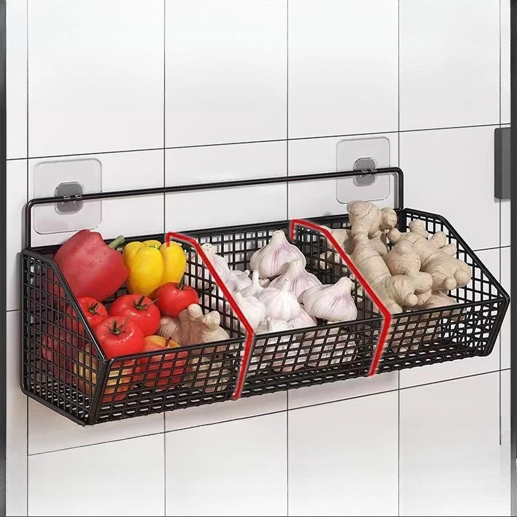 Kitchen Wall Mounted Storage Rack No Drill Garlic Onion Ginger Organizer with Baskets & Hooks for Spices Seasoning