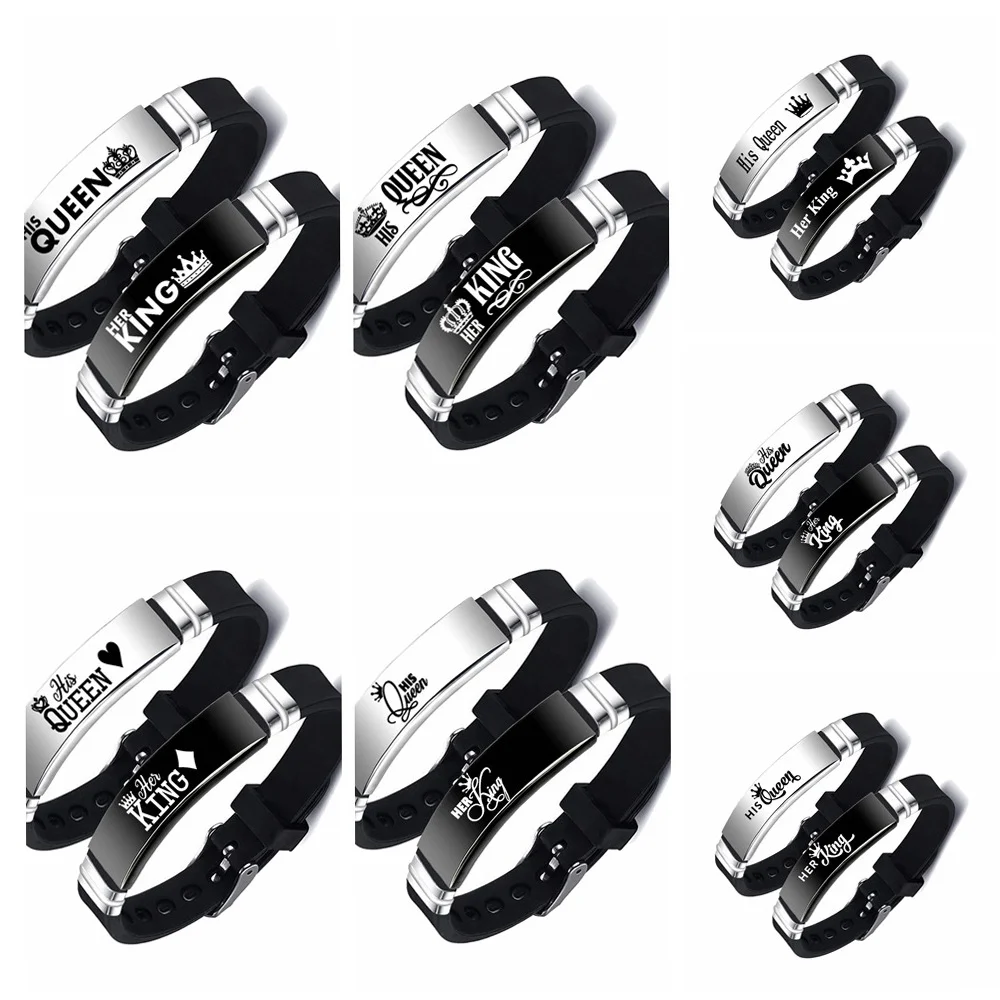 2 Pcs/Set His Queen Her King Couple Bracelet Stainless Steel Adjustable Silicone Strap Bangle Valentine's Day Gift