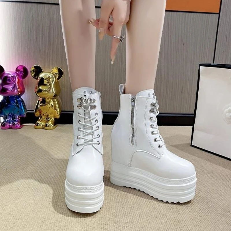12CM Wedges Heel Ankle Boots White Black Women Shoes Platform Boots Women Lacing Spring Autumn Height Increase Heels Short Boots