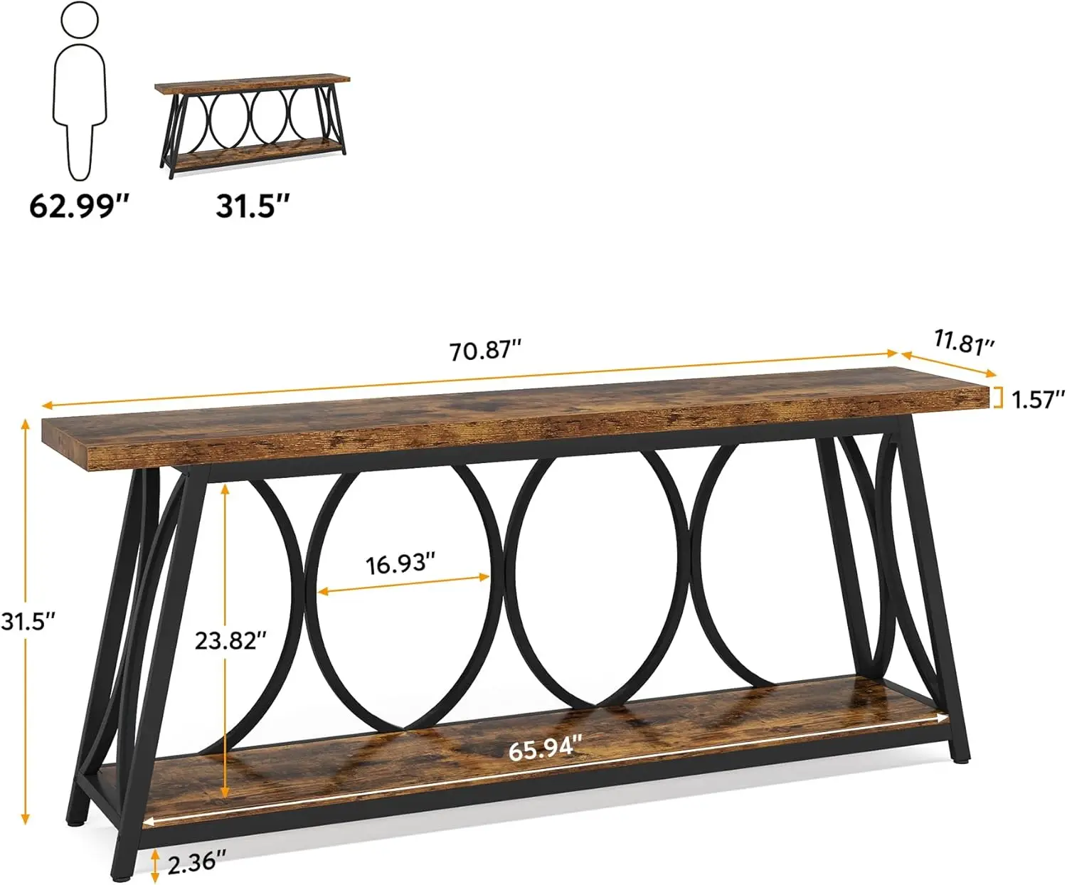 70.9 inch Extra Long Console Table, Industrial Sofa Table Behind Couch with 2 Tier Storage Shelf, Narrow Entryway