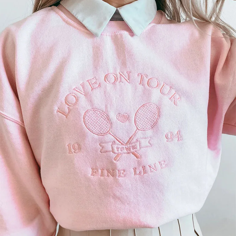 Love on Tour Embroidered Crewneck Sweatshirts Women Spring Cotton Oversized Thin Pullover American Retro Athletics Pink Jumper