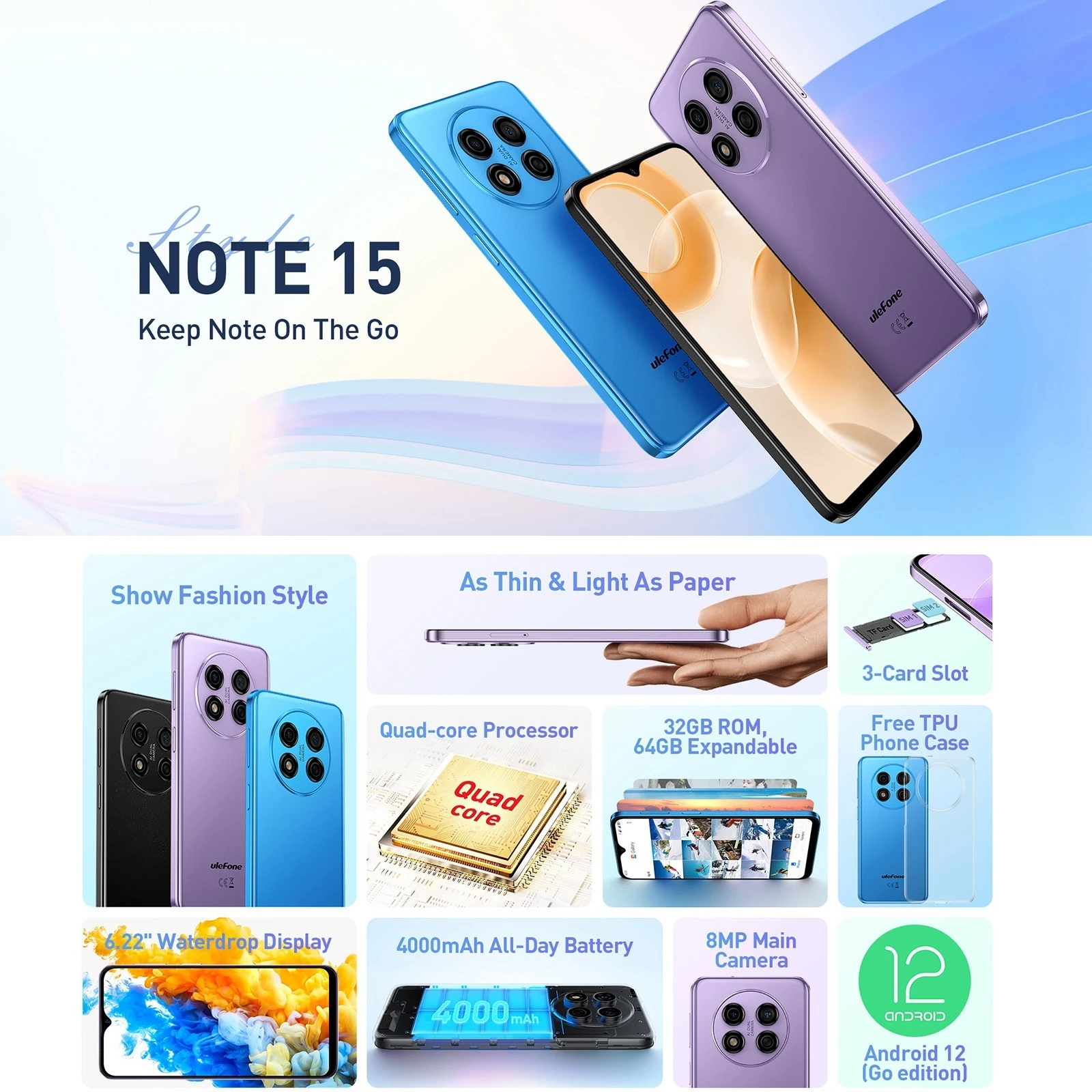 Imagem -02 - Ulefone-nota 15 Smartphone Android 12 go Telefone 622 Tela Ips Mt6580 Quad Core 2gb Mais 32gb Face id Celulares Desbloqueados 3g Telefone Celular