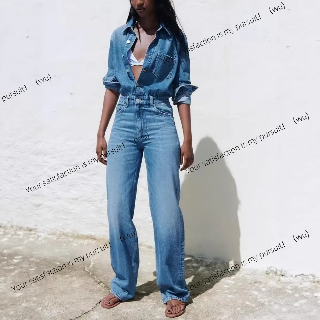 

Spring new women's lapel jumpsuit fashion casual straight denim jumpsuit