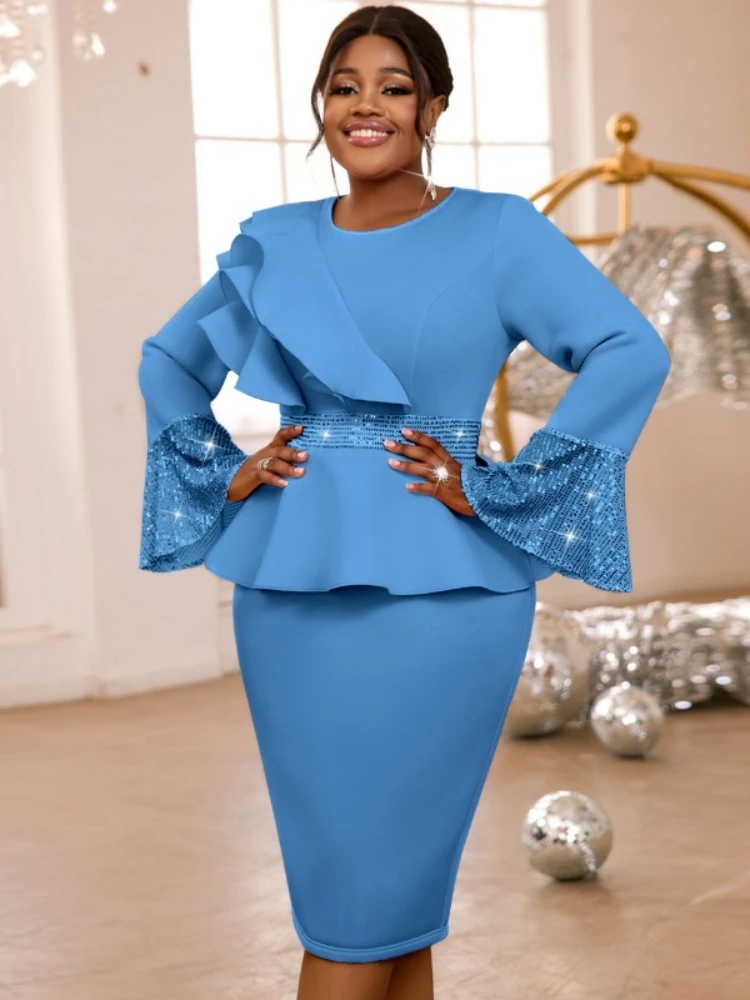 

Church Dresses for Women Elegant Ruffles Long Flare Sleeves Sequined Party Bodycon Peplum Classy Occasion African Wedding Guest