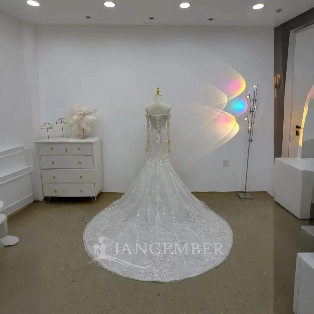 ชุดแต่งงานลดราคาพิเศษ ประดับด้วยลูกปัด แขนยาว คอวี ทรงเมอร์เมด พร้อมชายกระโปรงยาวลากพื้น สำหรับเจ้าสาว vestido femininos