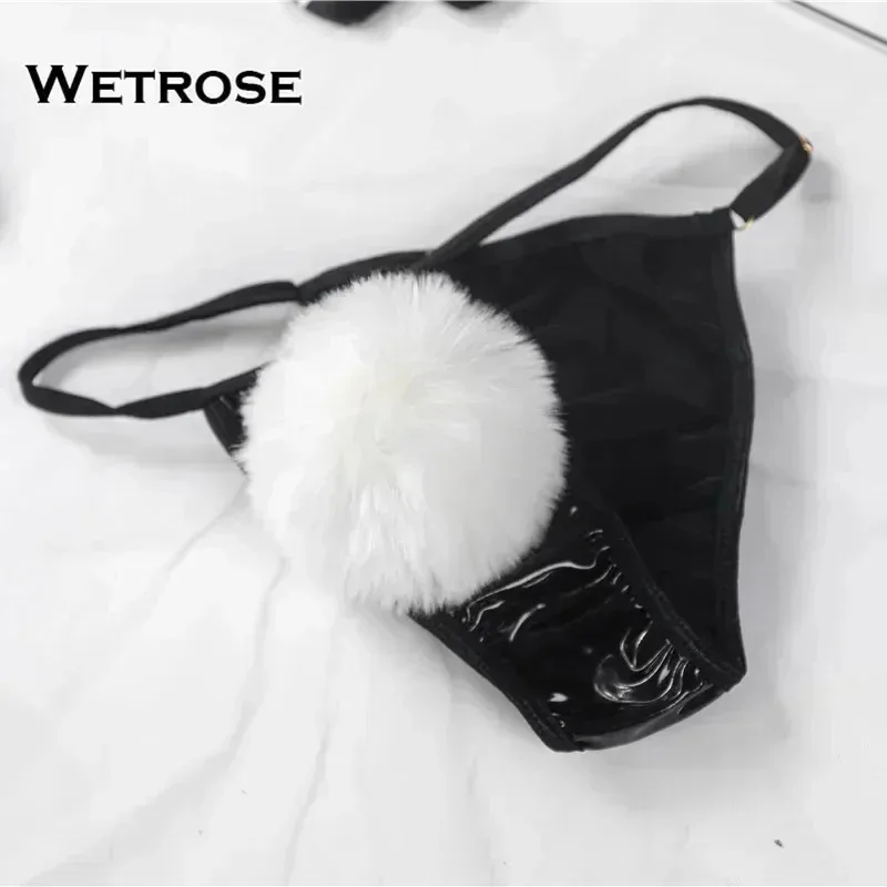 【Wetrose】섹시한 역방향 토끼 소녀 가랑이없는 검은 PU 특허 가죽 라텍스 귀여운 코스프레 의상 뜨거운 에로틱 비키니 Av 란제리 세트