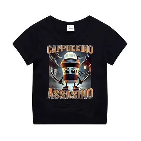 이탈리아 Brainrot 동물 어린이 면화 티셔츠 Cappuccino Assassino 어린이를위한 반팔 탑 Funny Meme 귀여운 티 여름 의류