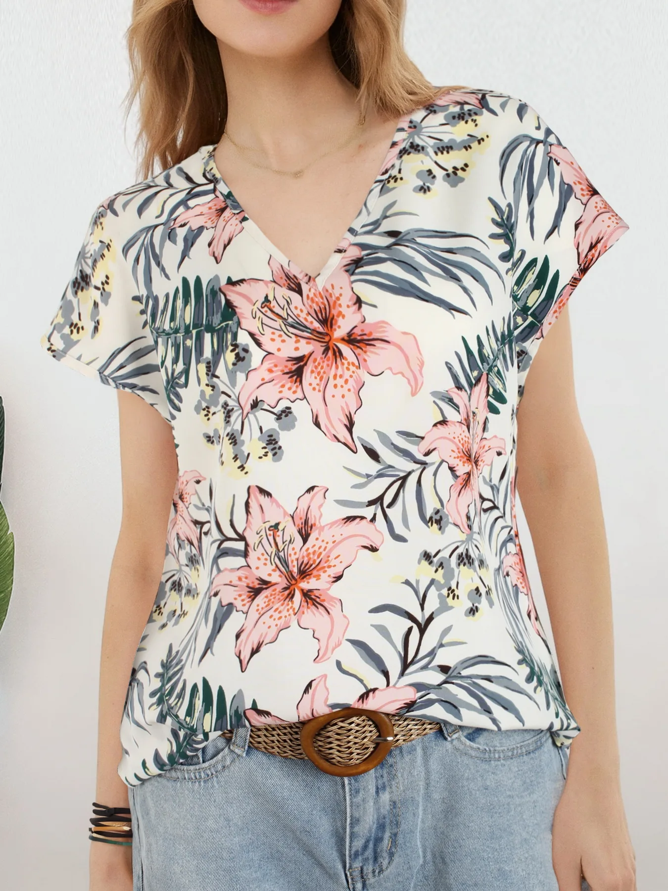 Women All Over Floral Print V Neck Batwing Sleeve Blouse Ladies Tops Shirts