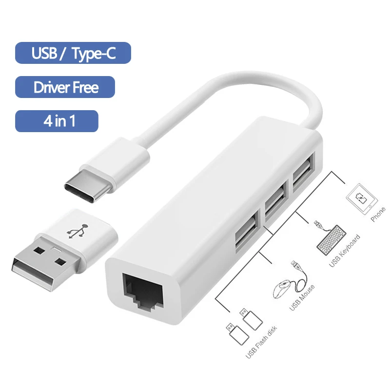 4 in 1 USB Type C to RJ45 Lan Network Card  USB2.0 Ethernet Card Hub Splitter Adapter 10GBit/s for Laptop PC Driver Free