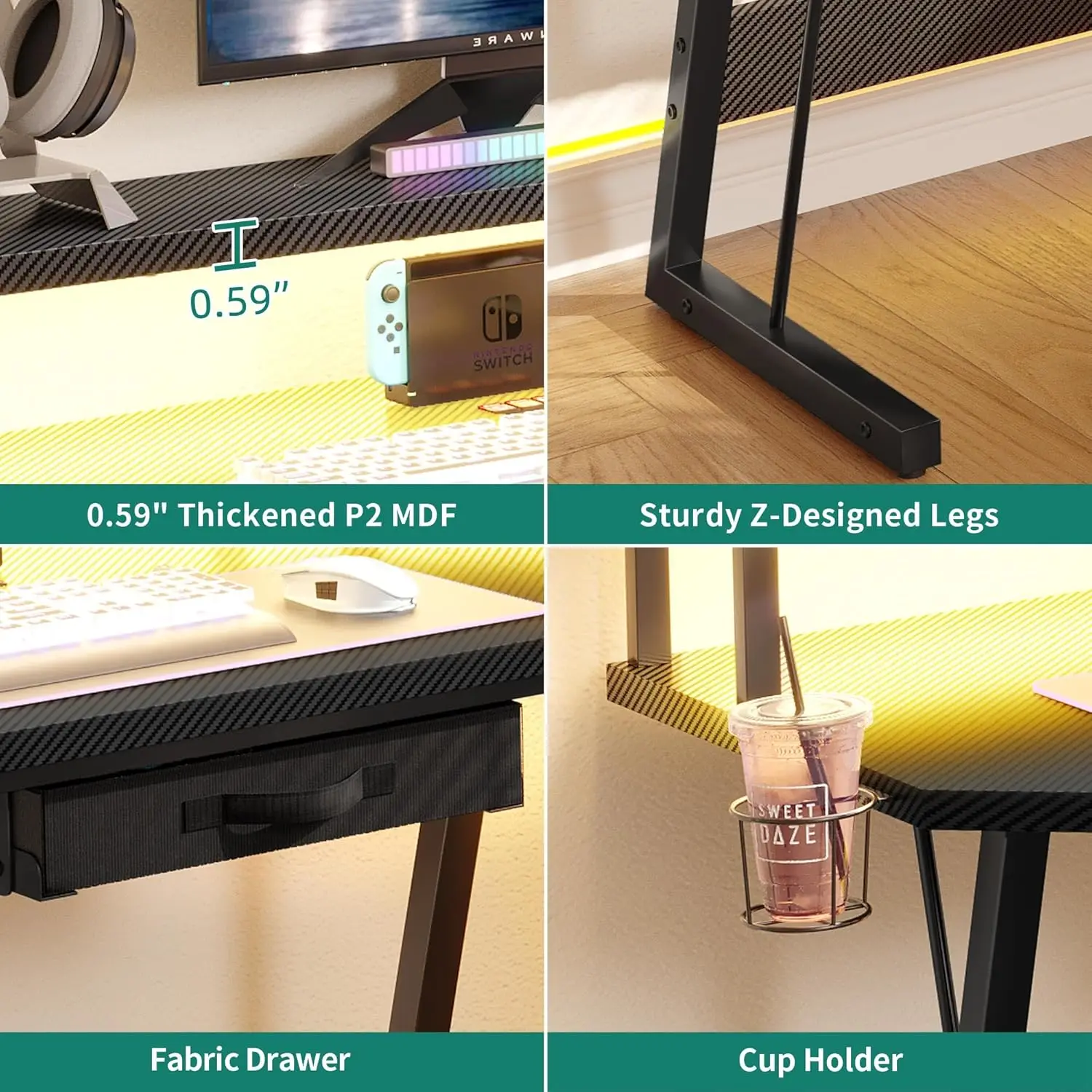 Scrivania da gioco a forma di L con luci a LED, scrivania per Computer da 56 "con prese di corrente e cassetto, tavolo da gioco angolare con portabicchieri